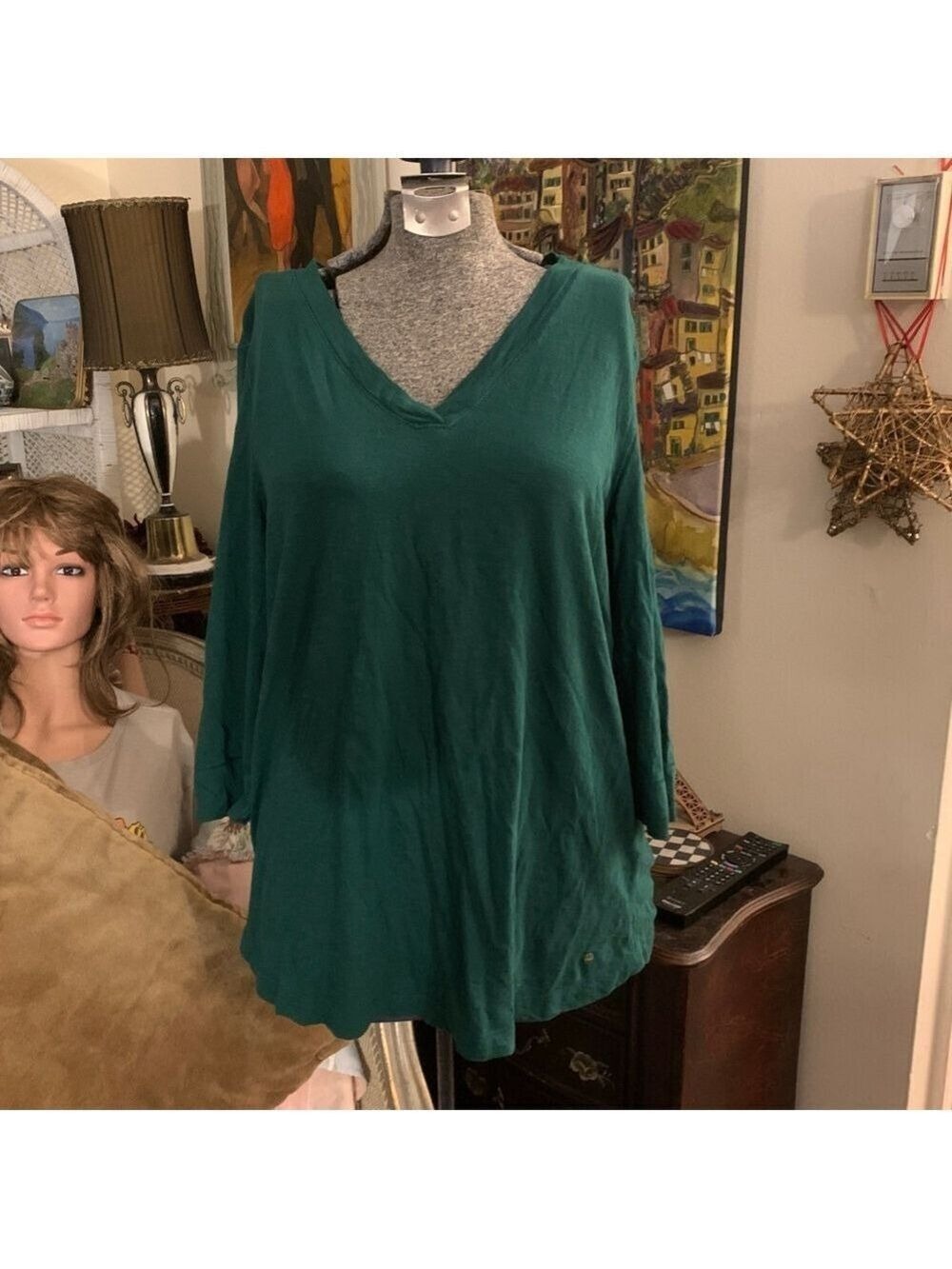 Women's Olsen Green Organic Cotton V-Neck 3/4 Sleeve Tee Medium/10